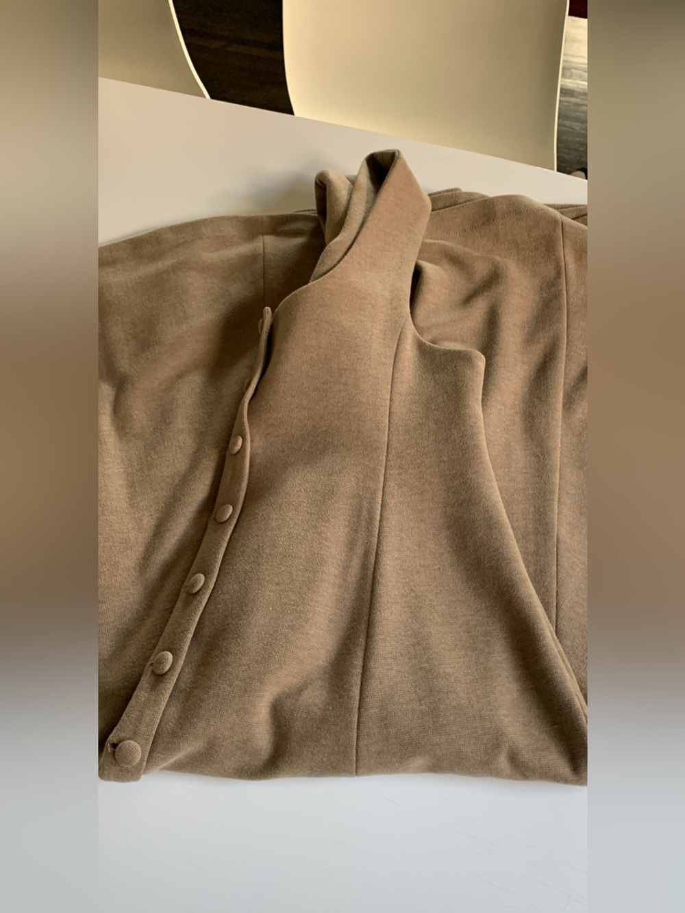 Sleeveless Wool Blend Button-Front A-Line Dress in Camel - Picture 9 of 10